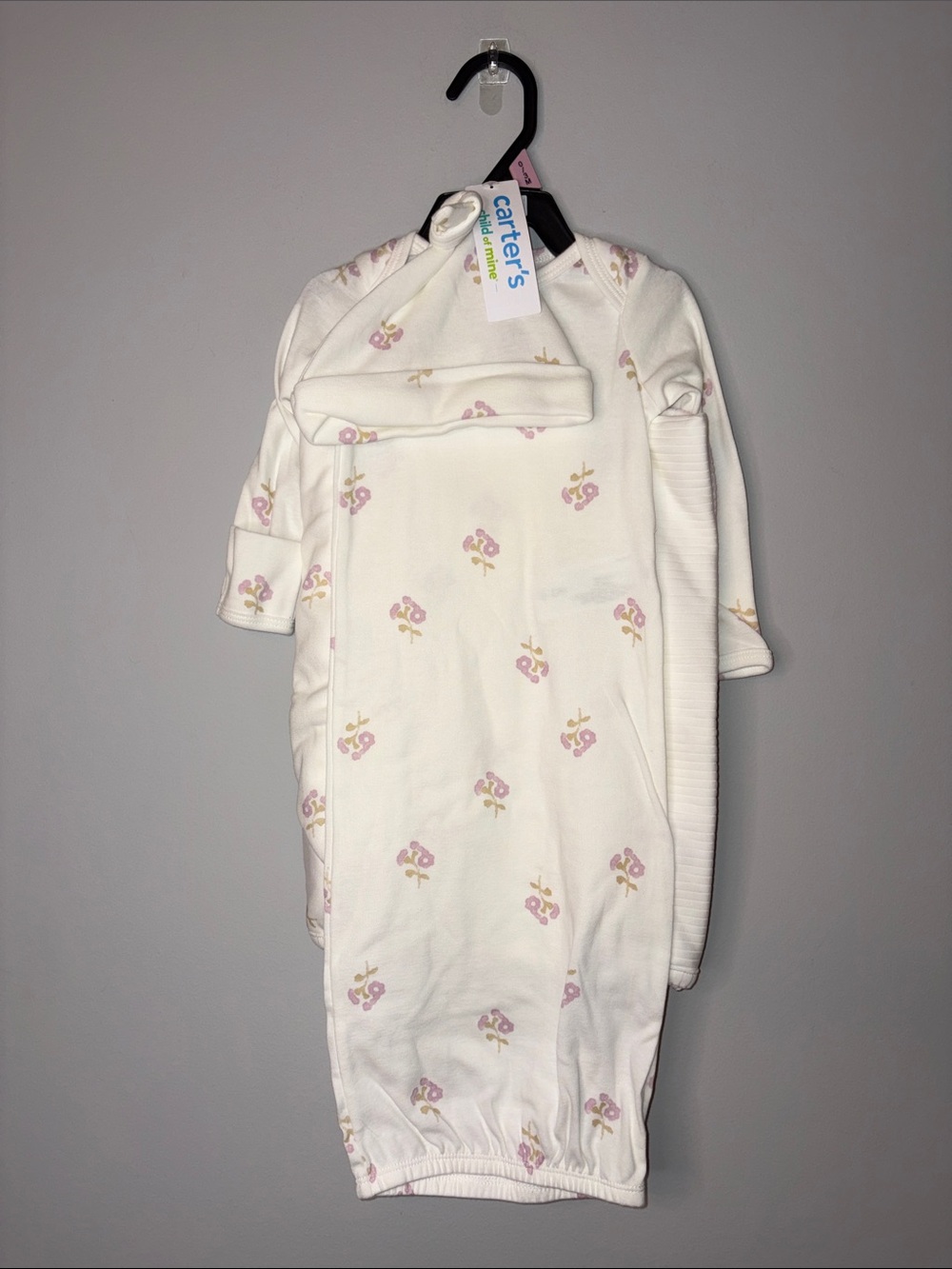NWT Carter's Cream Baby Gown, Hat and Blanket with Pink Floral Accents